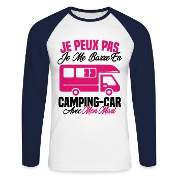 J'peux pas j'me barre en camping car avec mon mari - T-shirt baseball manches longues Homme - blanc/marine - Devant - Nik (191cm)