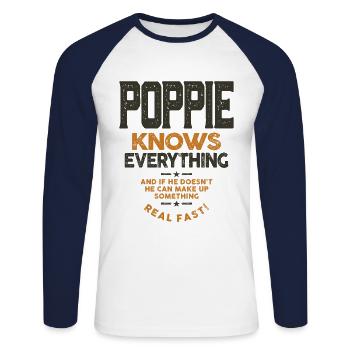 Poppie Knows Everything - Dad Grandpa - Unisex Long Sleeve Baseball T-Shirt - white/navy - Front - Nik (191cm)
