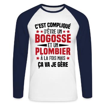 Bogosse et Plombier - Cadeau Humour Plombier - T-shirt baseball manches longues Homme - blanc/marine - Devant - Nik (191cm)