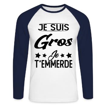 Je suis gros et je t'emmerde - T-shirt baseball manches longues Homme - blanc/marine - Devant - Nik (191cm)