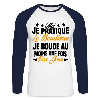 je boude au moins une fois par jour - T-shirt baseball manches longues Homme - blanc/marine - Devant - Nik (191cm)