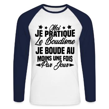 je boude au moins une fois par jour - T-shirt baseball manches longues Homme - blanc/marine - Devant - Nik (191cm)