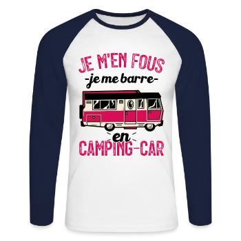 Je m'en fous je me barre en camping-car - T-shirt baseball manches longues Homme - blanc/marine - Devant - Nik (191cm)