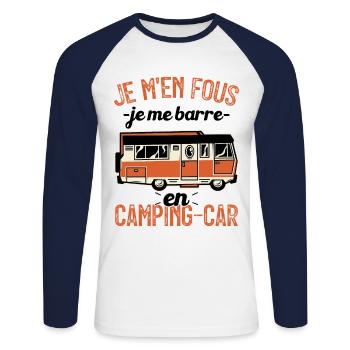 Je m'en fous je me barre en camping-car - T-shirt baseball manches longues Homme - blanc/marine - Devant - Nik (191cm)