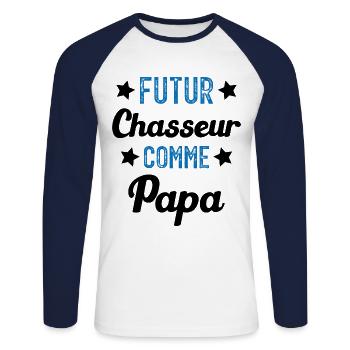 Futur Chasseur Comme Papa Humour Cadeau de Chasse - T-shirt baseball manches longues Homme - blanc/marine - Devant - Nik (191cm)