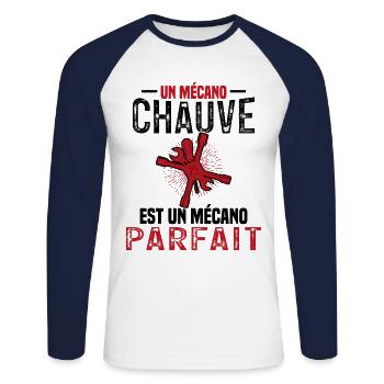 Un Mécano Chauve Est Parfait Humour Garage - T-shirt baseball manches longues Homme - blanc/marine - Devant - Nik (191cm)