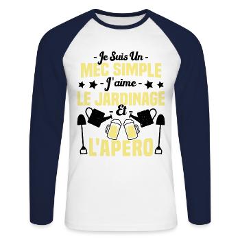 Mec simple j'aime le jardinage et l'apéro humour - T-shirt baseball manches longues Homme - blanc/marine - Devant - Nik (191cm)