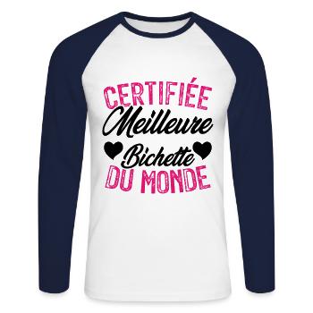 Certifiée meilleure bichette du monde - T-shirt baseball manches longues Homme - blanc/marine - Devant - Nik (191cm)