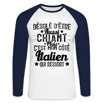 Désolé d'être Chiant c'est mon côté Italien - T-shirt baseball manches longues Homme - blanc/marine - Devant - Nik (191cm)