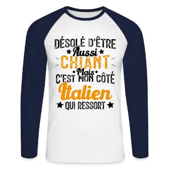 Désolé d'être Chiant c'est mon côté Italien - T-shirt baseball manches longues Homme - blanc/marine - Devant - Nik (191cm)