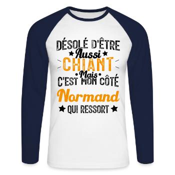 Désolé d'être Chiant c'est mon côté Normand - T-shirt baseball manches longues Homme - blanc/marine - Devant - Nik (191cm)