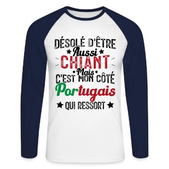 Désolé d'etre Chiant c'est mon côté portugais - T-shirt baseball manches longues Homme - blanc/marine - Devant - Nik (191cm)
