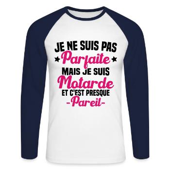 Je ne suis pas parfaite mais je suis motarde - T-shirt baseball manches longues Homme - blanc/marine - Devant - Nik (191cm)