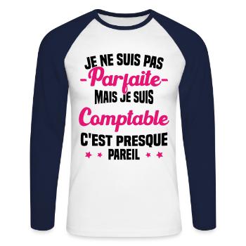 Pas parfaite mais je suis Comptable Humour Cadeau - T-shirt baseball manches longues Homme - blanc/marine - Devant - Nik (191cm)