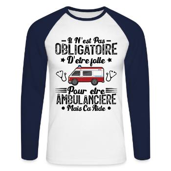 Folle Et Ambulancière Humour Cadeau - T-shirt baseball manches longues Homme - blanc/marine - Devant - Nik (191cm)