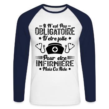 Folle et infirmière Humour infirmière Cadeau - T-shirt baseball manches longues Homme - blanc/marine - Devant - Nik (191cm)