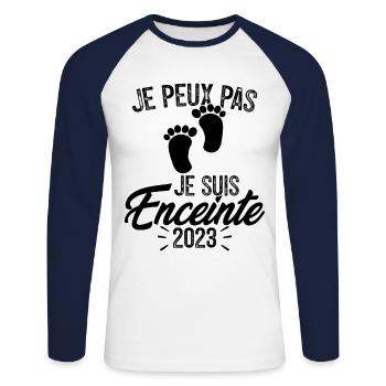 J'peux pas je suis enceinte 2023 - T-shirt baseball manches longues Homme - blanc/marine - Devant - Nik (191cm)