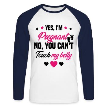 Je suis enceinte touchez pas mon ventre - T-shirt baseball manches longues Homme - blanc/marine - Devant - Nik (191cm)