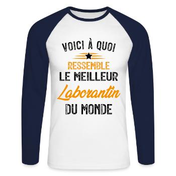 Voici à quoi ressemble le meilleur Laborantin - T-shirt baseball manches longues Homme - blanc/marine - Devant - Nik (191cm)