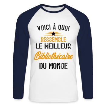 Voici à quoi ressemble le meilleur Bibliothécaire - T-shirt baseball manches longues Homme - blanc/marine - Devant - Nik (191cm)