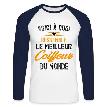Voici à quoi ressemble le meilleur Coiffeur - T-shirt baseball manches longues Homme - blanc/marine - Devant - Nik (191cm)