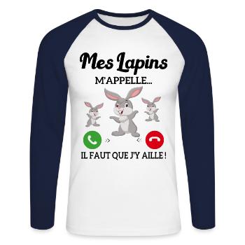 Mes Lapins m'appellent et je dois aller - T-shirt baseball manches longues Homme - blanc/marine - Devant - Nik (191cm)