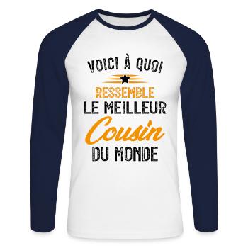 Voici à quoi ressemble le meilleur Cousin du Monde - T-shirt baseball manches longues Homme - blanc/marine - Devant - Nik (191cm)
