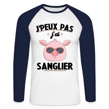 Je Peux Pas J'ai Sanglier Cadeau Chasseur - T-shirt baseball manches longues Homme - blanc/marine - Devant - Nik (191cm)