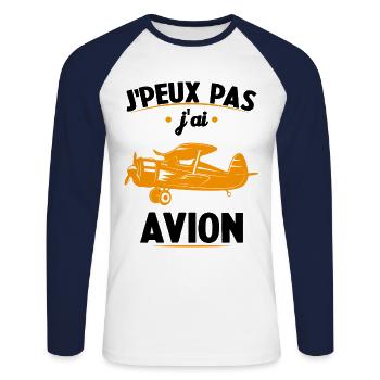 Je peux pas j'ai avion humour aviation Cadeau - T-shirt baseball manches longues Homme - blanc/marine - Devant - Nik (191cm)