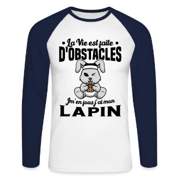 La Vie est faite d'obstacles j'ai mon Lapin Cadeau - T-shirt baseball manches longues Homme - blanc/marine - Devant - Nik (191cm)