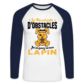 La Vie est faite d'obstacles j'ai mon Lapin Cadeau - T-shirt baseball manches longues Homme - blanc/marine - Devant - Nik (191cm)