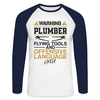 Plombier de plomberie Vintage Avertissement - T-shirt baseball manches longues Homme - blanc/marine - Devant - Nik (191cm)