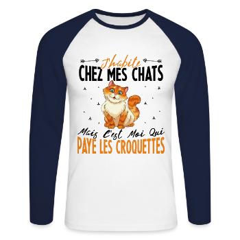 J'habite chez Mes Chats Humour Chat Drôle - T-shirt baseball manches longues Homme - blanc/marine - Devant - Nik (191cm)