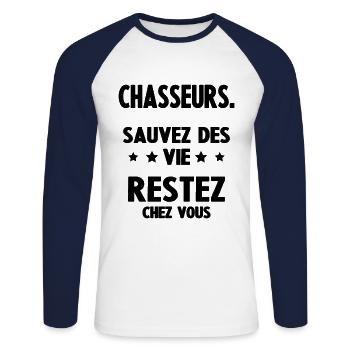 Humour anti chasse - T-shirt baseball manches longues Homme - blanc/marine - Devant - Nik (191cm)