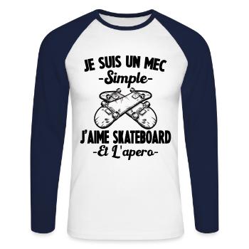 Je Suis Un Mec Simple J'aime skateboard Et L'Apéro - T-shirt baseball manches longues Homme - blanc/marine - Devant - Nik (191cm)