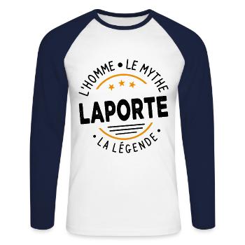 Laporte The Man The Myth The Legend - Unisex Long Sleeve Baseball T-Shirt - white/navy - Front - Nik (191cm)