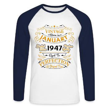 Vintage born in January 1947 Birthday gift - Unisex Long Sleeve Baseball T-Shirt - white/navy - Front - Nik (191cm)