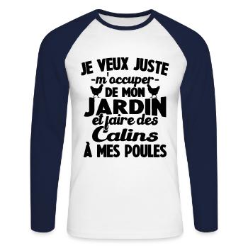M'occuper de mon jardin Cadeau jardinier poules - T-shirt baseball manches longues Homme - blanc/marine - Devant - Nik (191cm)