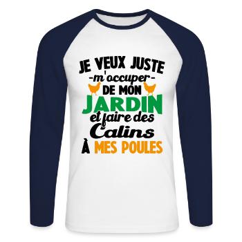 M'occuper de mon jardin Cadeau jardinier poules - T-shirt baseball manches longues Homme - blanc/marine - Devant - Nik (191cm)