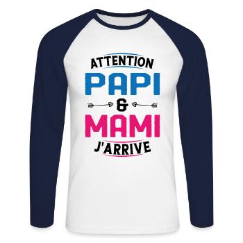 Papi et Mamie j'arrive - T-shirt baseball manches longues Homme - blanc/marine - Devant - Nik (191cm)