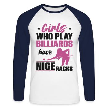 Billard Joueur de billard Ball Girl - T-shirt baseball manches longues Homme - blanc/marine - Devant - Nik (191cm)
