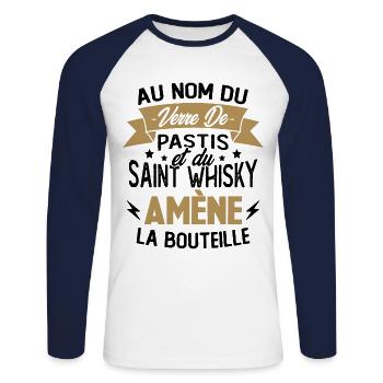 Au nom du verre de pastis et du saint whisky amène - T-shirt baseball manches longues Homme - blanc/marine - Devant - Nik (191cm)