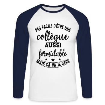 Collègue Formidable / humour femme collègue - T-shirt baseball manches longues Homme - blanc/marine - Devant - Nik (191cm)