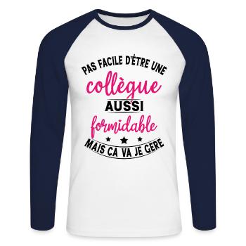 Collègue Formidable / humour femme collègue - T-shirt baseball manches longues Homme - blanc/marine - Devant - Nik (191cm)