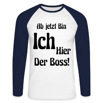 Schriftzug-Shirt "Chef" - Unisex Baseballshirt langarm - Weiß/Navy - Vorne - Nik (191cm)