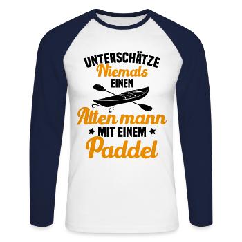 Vieil homme avec pagaie Humour Cadeau - T-shirt baseball manches longues Homme - blanc/marine - Devant - Nik (191cm)