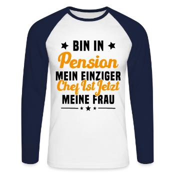 Cadeau retraité Mon seul patron c'est ma femme - T-shirt baseball manches longues Homme - blanc/marine - Devant - Nik (191cm)