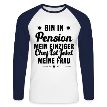 Cadeau retraité Mon seul patron c'est ma femme - T-shirt baseball manches longues Homme - blanc/marine - Devant - Nik (191cm)