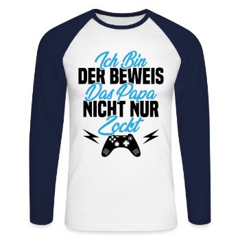 Ich Bin der Beweis das Papa Nicht nur zockt - Unisex Baseballshirt langarm - Weiß/Navy - Vorne - Nik (191cm)