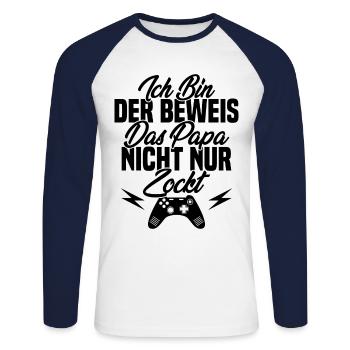 Ich Bin der Beweis das Papa Nicht nur zockt - Unisex Baseballshirt langarm - Weiß/Navy - Vorne - Nik (191cm)